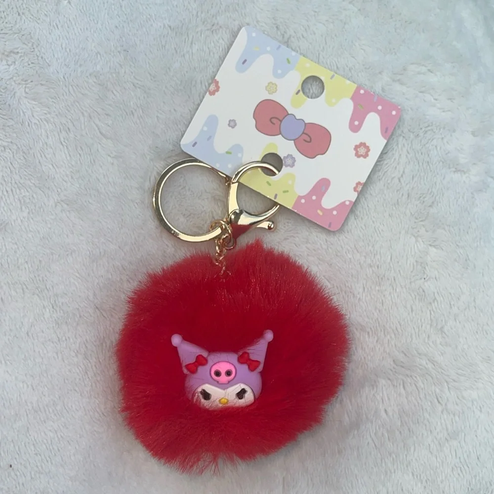 Red Fluffy Keychain with Kuromi Character and claw clip nwt
